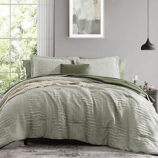 MaiRêve Full Size Comforter Set Crinkle Textured, Light Olive Green Diamond Boho Bedding Set 7 Pieces Bed in A Bag, All Season Geometric Comforter Set with Sheets, Pillowcases & Shams