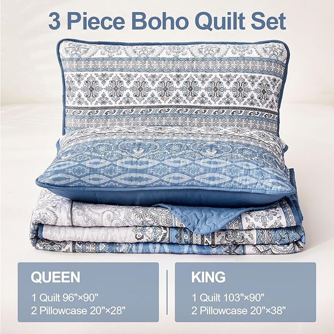 WONGS BEDDING Boho King Quilt Set, Light Blue Bohemian King Quilt Bedding Set, Lightweight Microfiber Bed Decor Bedspread for All Season 104"x90"(3 Pieces)