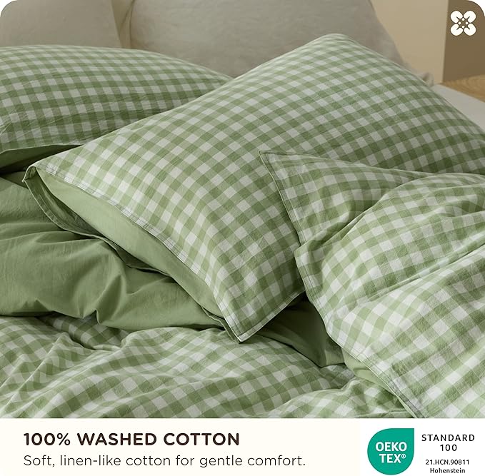 Bedsure Gingham Duvet Cover Queen Size,100% Washed Cotton Duvet Cover Linen Like Textured, Classic Yarn-Dyed Checkered Pattern Enhances Bedroom Comfort and Style, Gingham Sage Green, 90"x90"