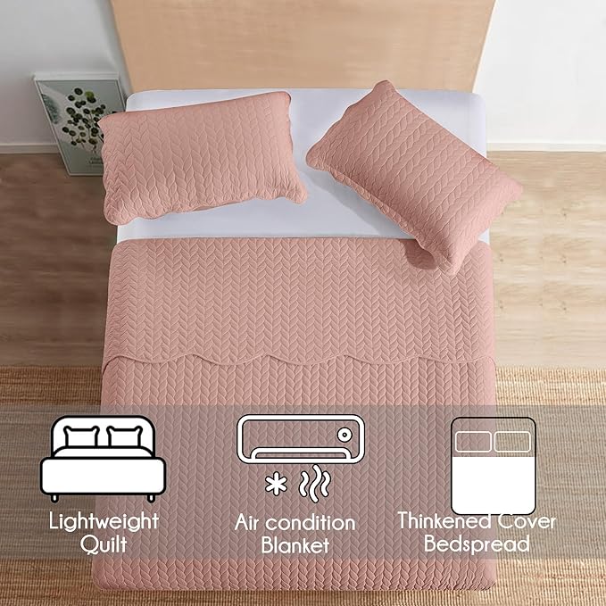 MOONLIGHT20015 Twin Quilt Set - 2 Pcs All Season Reversible Lightweight Microfiber Coverlet Size (66” x 86”) - 1 Pillow Shams (20” x 26” + 2”) Embossed Quilt Bedspreads (Peach)