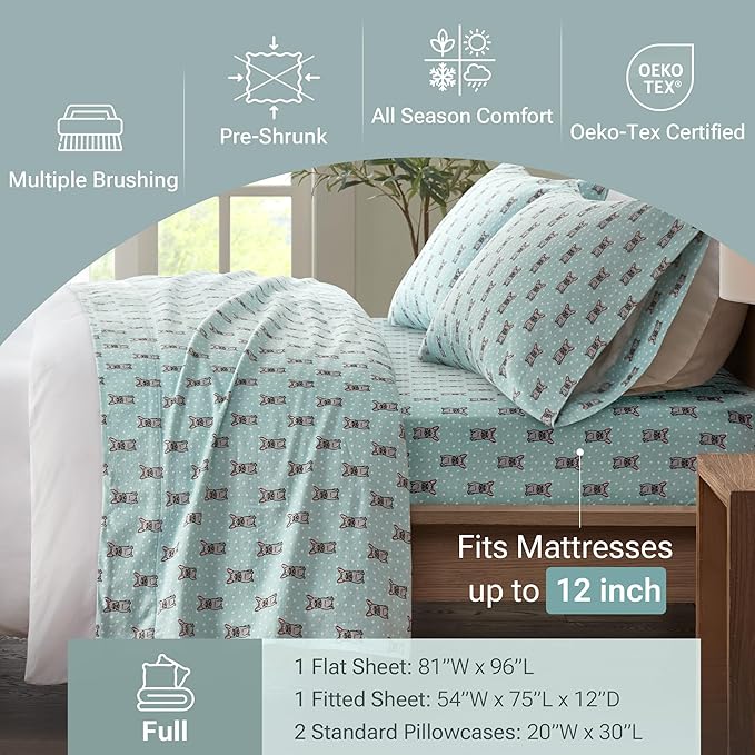 True North by Sleep Philosophy Cozy Flannel Warm 100% Cotton Sheet - Novelty Print Animals Stars Cute Ultra Soft Cold Weather Bedding Set, Full, Aqua French Bulldog 4 Piece