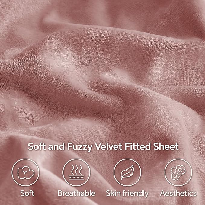 BEDELITE Velvet Fitted Sheet and Pillowcase Set, Luxury Soft Fuzzy Bottom Sheet with Reinforced Elastic Corner Straps, Deep Pocket up to 15 Inch, 1 Fitted Sheet and 1 Pillowcase (Twin, Dusty Pink)