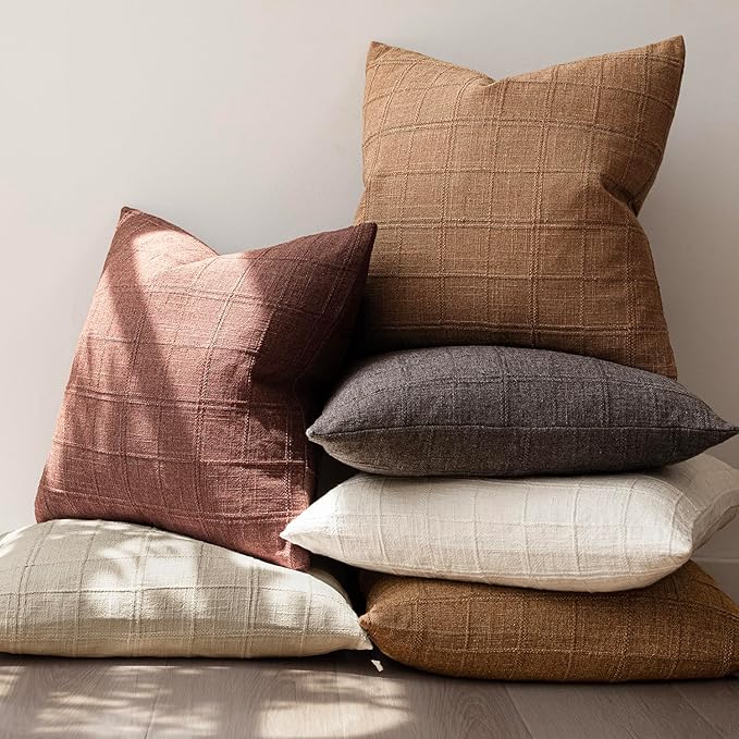 Foindtower Set of 2 Decorative Linen Check Throw Pillow Covers Neutral Farmhouse Vintage Cushion Covers Modern Boho Home Decor for Sofa Chair Couch Bedroom Living Room,20×20 Inch,Autumnal Red