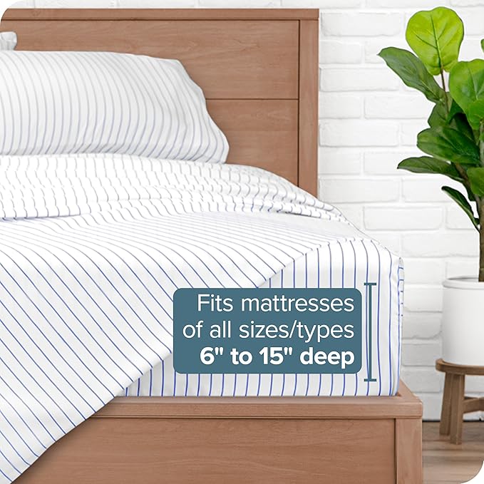 Bare Home Ultra-Soft Microfiber Split King Bed Sheets - Deep Pockets - Easy Fit - 5 Piece Set - Pinstripe (White/Marine)
