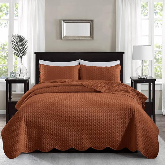 MOONLIGHT20015 Quilt King Size (106" x 96") with 2 Pillow Shams (20" x 36"+2") for All Seasons - 3 Pcs Lightweight Bedding Set Reversible Coverlet Embossed Quilted Bedspread (Rust)