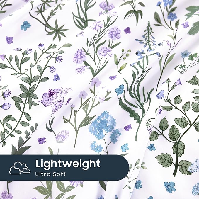 Wake In Cloud - Floral Duvet Cover Set, Shabby Chic Cottage Garden Botanical Flower Style with Elegant Wildflower Pattern, Soft Lightweight Bedding, 3 Pieces, Purple White, Twin/Twin XL Size