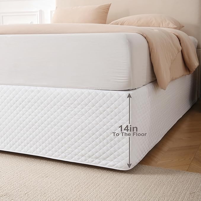 Full Size White Bed Skirt with 14-Inch Drop, Easy Fit Wrap-Around Cover for Bed, Wrinkle-Free and Fade-Resistant Box Spring Cover. (White Grid, Full)