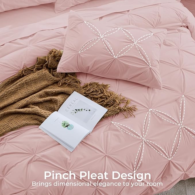 Sasttie Twin XL Comforter Set, 5-Piece Bed in a Bag, Pintuck Bedding Sets for All Season, Includes Comforter, Flat Sheet, Fitted Sheet, Pillowcase and Pillowsham, Rose Gold