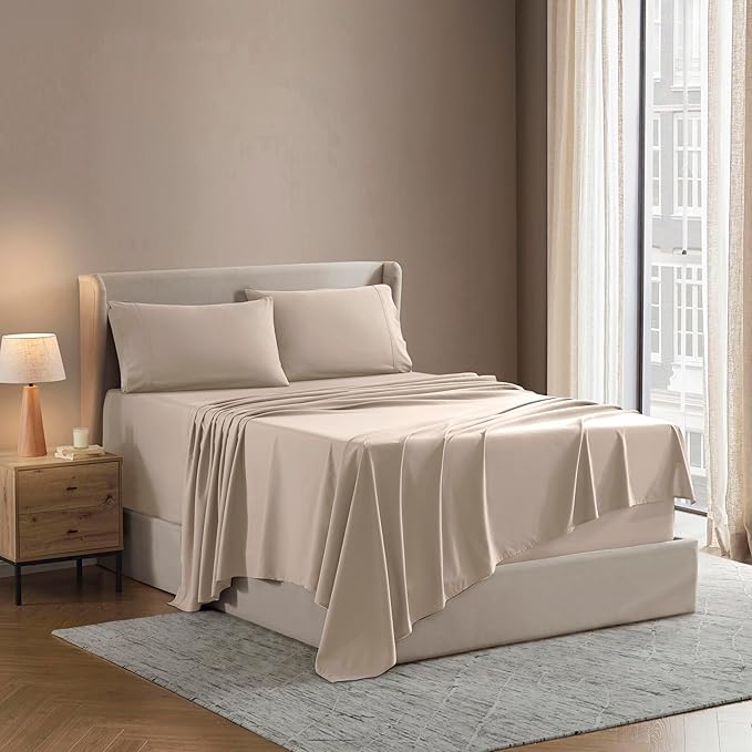 Nestl California King Sheet Set - 1800 Ultra-Soft Microfiber Cal King Bed Sheets - Double Brushed - Deep Pockets - Easy Fit - 4 Piece Set - Bed Sheets (California King, Beige Cream)