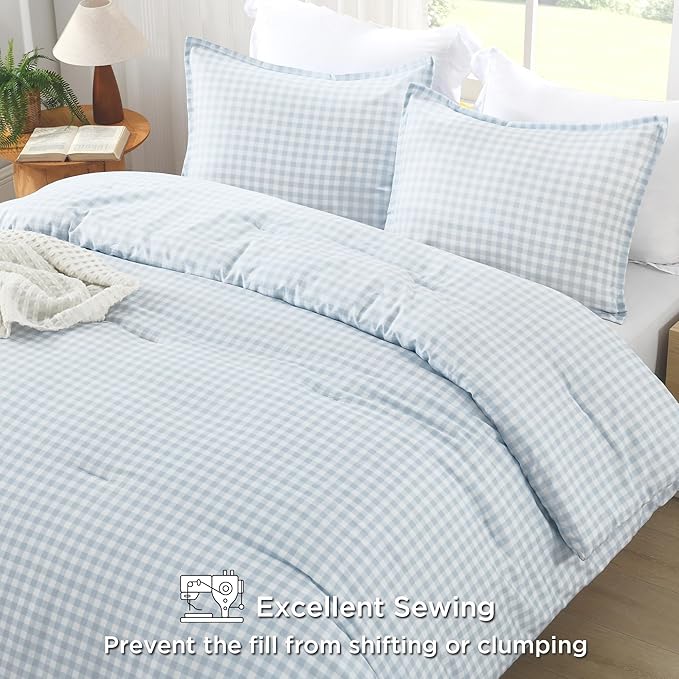 Andency Light Blue Gingham Comforter Set Full(79x90Inch), Checkered Grid Plaid Buffalo Bed Set for Girls Boys Kids Teens, 3 Pieces Lightweight Microfiber Geometric Preppy Bedding