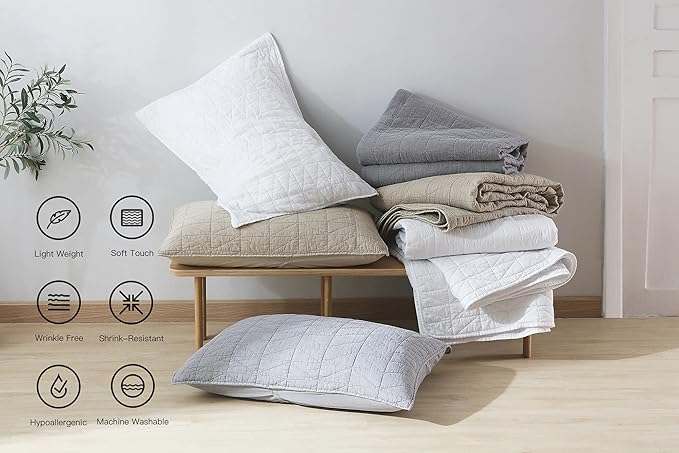 HORIMOTE HOME Quilt Set Queen Size, Stone-Washed Chic Rustic Grey Coverlet with Classic Triangle Stitched Pattern, Ultra Soft Lightweight Quilted Bedspread for All Season, 3 Pieces