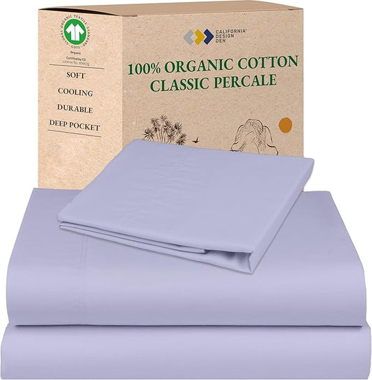 California Design Den Soft 100% Organic Cotton Bed Sheets Twin XL Size Set - Crisp Percale Organic Sheets, Deep Pockets, Durable Bedding Set for Dorms, Hospitals - Lavender Mist