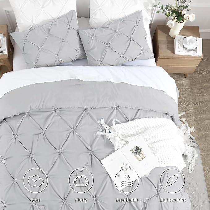 Andency Light Grey Pinch Pleat Comforter Full(79x90Inch), 3 Pieces(1 Down Alternative Comforter and 2 Pillowcases) Grey Bed Set Microfiber Pintuck Bedding Set