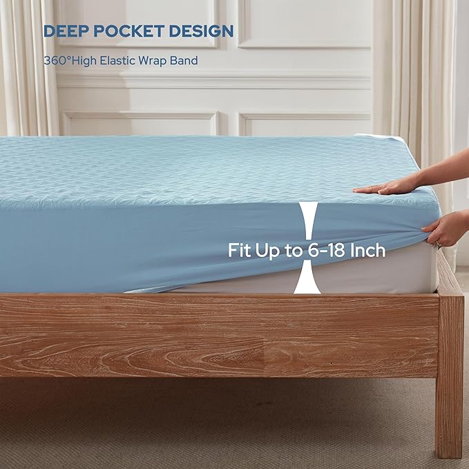 BEDLORE Waterproof Mattress Protector, Cal King Size Mattress Pad with Deep Pocket 6"-21" Depth, Soft Dirt-Proof Double Bed Mattress Cover for Bedroom, College Dorm, Hotel (Sky Blue)