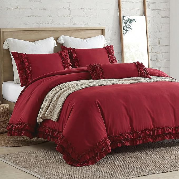 Burgundy Duvet Cover Queen Size Ruffled Bedding Set Vintage Lace Ruffle Elegant Bedroom Decor Shabby Chic Farmhouse Style Boho Chic Duvet Cover Set for All Season