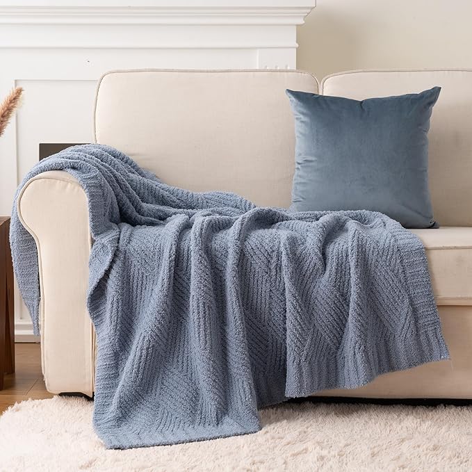 Battilo Bluish Grey Diamond Knit Throw Blanket for Couch and Bed, Soft Textured Chenille Blanket, Cozy Lightweight Decorative Blanket for Sofa, 50"x60"