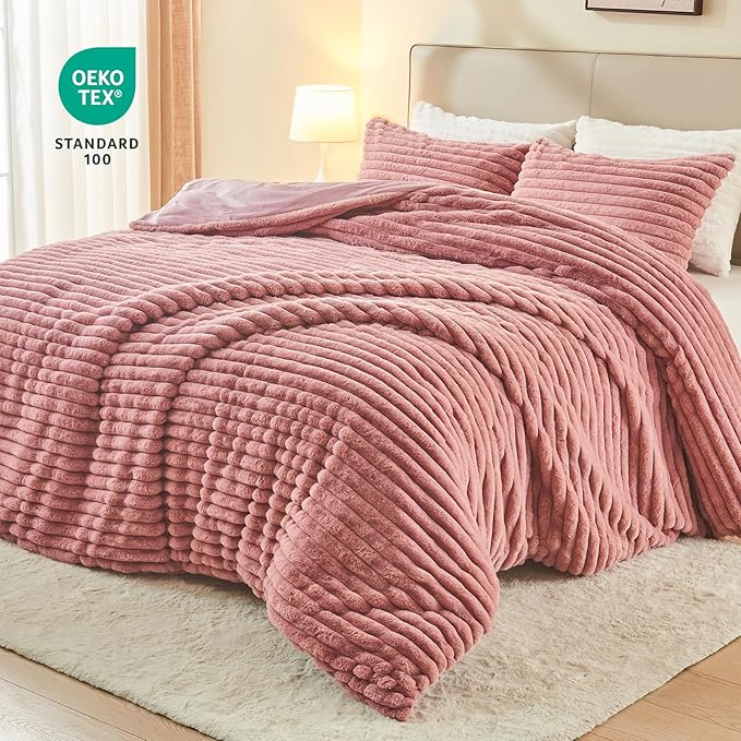 EMME Faux Fur Duvet Cover Queen Size, 3 Pieces Ultra Soft Fluffy Comforter Cover, Cozy Warm for Winter, Luxury Elegant Shaggy Striped Design Bedding, 1 Duvet Cover & 2 Pillow Shams (Queen, Old Pink)