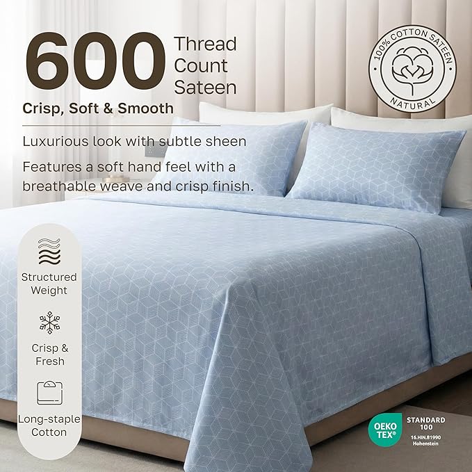 California Design Den King Size Sheet Set - 100% Cotton, 600 Thread Count, Deep Pocket King Sheets, Premium-Feel Bedding with Sateen Weave - Urban Geometric Print