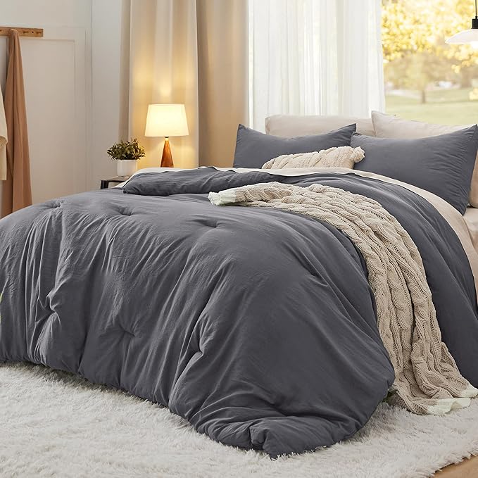 Bedsure California King Comforter Set, Dark Grey Soft Prewashed Bedding for All Seasons, 3 Pieces GentleSoft™ Bed Set, 1 Lightweight Comforter (104"x96") and 2 Pillowcases (20"x36")