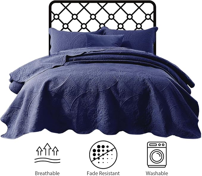 MOONLIGHT20015 Queen Quilt Bedding Set Size (90" x 96") + 2 Pillow Shams (20" x 26"+ 2") - 3 Pcs All Season Lightweight Reversible Embossed Quilt Microfiber Coverlet Floral Bedspread (Navy)