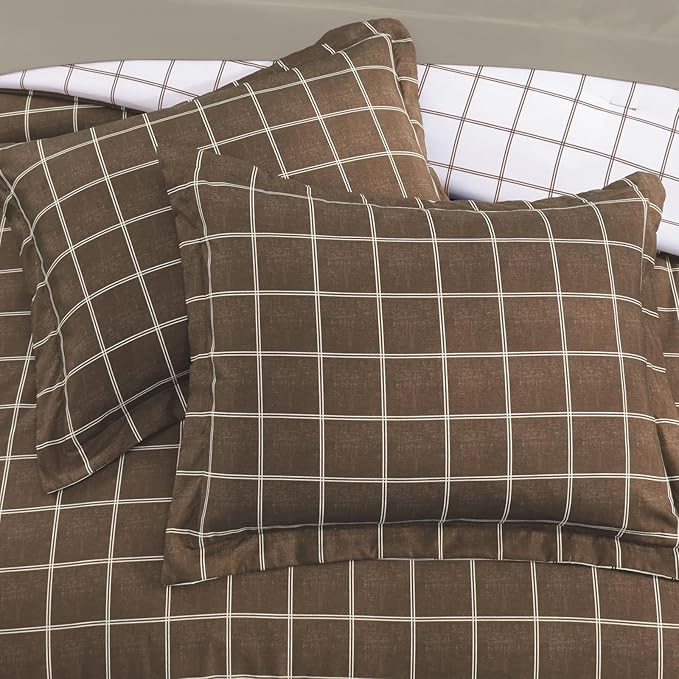 Plaid Queen Comforter Set Brown, Reversible Checkered Bedding Set 7 Pieces for Boys Girls Teen, Lightweight Bed in a Bag for Dorm with Sheets, Pillowcases & Shams