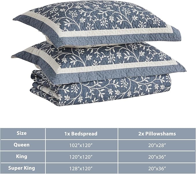 Oversized Queen Bedspread Set - 100% Cotton Lightweight Quilted Coverlet - Soft Reversible Bedding, Botanical Floral Design - Includes 1 Bedspread (102x120) & 2 Pillow Shams - Grayish-Blue