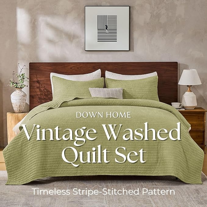 DOWN HOME King Quilt Bedding Set with Shams, Vintage Washed Soft Quilted Blanket Thin Comforter Lightweight Bedspread Coverlet Bed Cover, Brushed Microfiber Stripe Stitching, Golden Olive, 104"x90"
