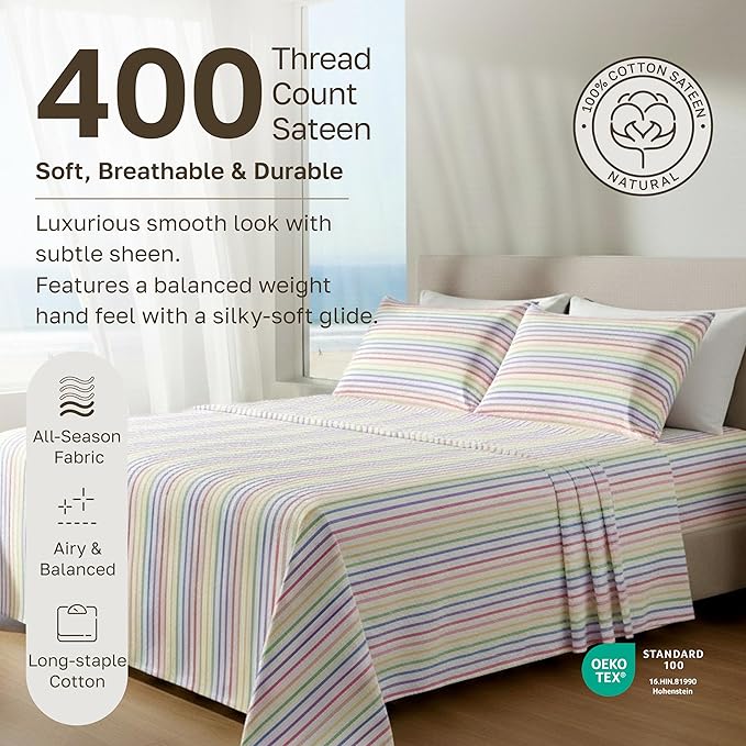California Design Den Deep Pocket Twin Sheets Set - 400 Thread Count Sateen, Natural 100% Cotton Sheets, and Durable Bedding Set - Rainbow Striped