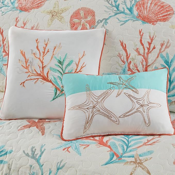 Madison Park Quilt Set Cottage Coastal Design, Starfish Print - All Season, Coverlet Bedspread Lightweight Bedding Layer, Shams, Toss Pillows, King/Cal King(104"x94"), Pebble Beach Coral 6 Piece