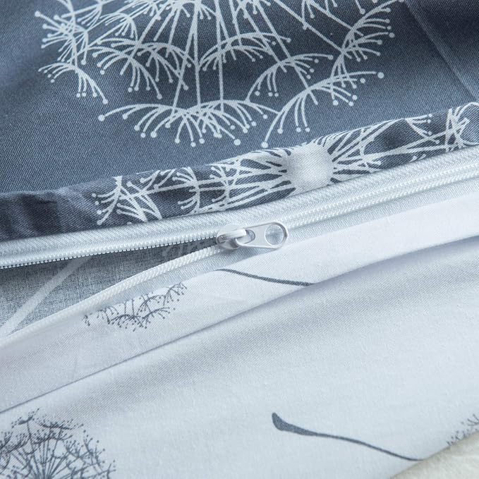 YuHeGuoJi Grey Flower Duvet Cover Queen 100% Cotton 3 Pcs Set 1 Reversible Dandelion Floral Duvet Cover with Zipper Ties 2 Pillowcases Farmhouse White Botanical Bedding Set Soft