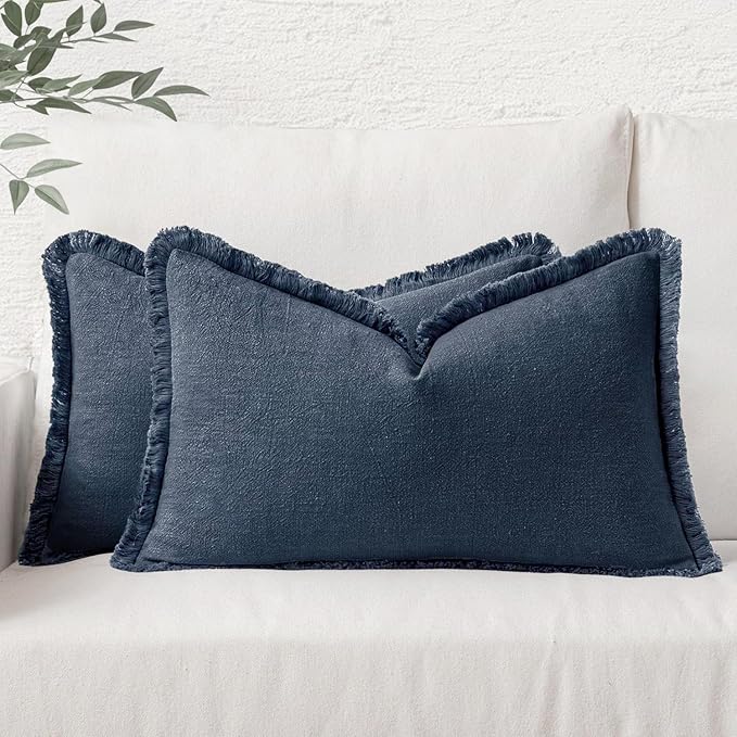MIULEE Decorative Throw Pillow Covers Neutral Linen Fringe Throw Pillows Set of 2 Indigo Blue Boho Farmhouse Cushion Covers Coastal Decor for Couch Sofa Bed Living Room Spring Decor 12x20 Inch