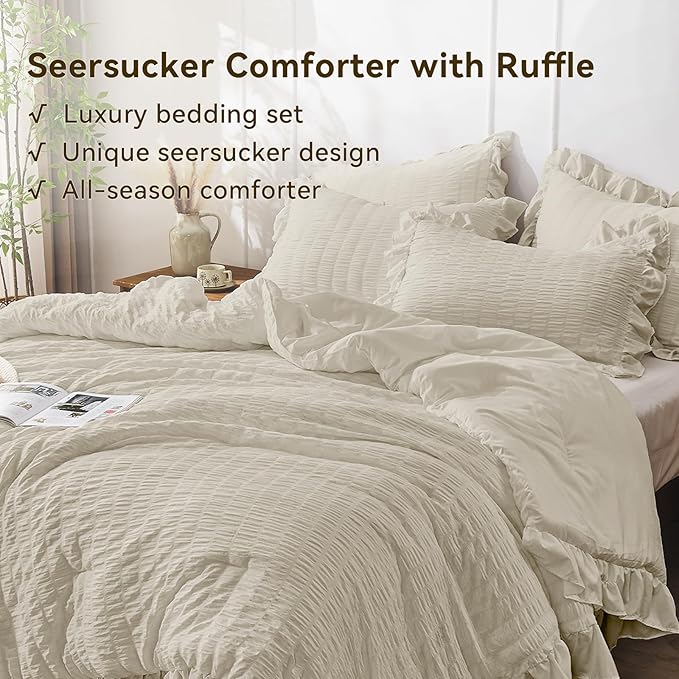 JOLLYVOGUE Full Size Comforter, 3 Pieces Oatmeal Seersucker Lightweight Full Size Bedding, All Season Fluffy Microfiber Bedding Comforter Set with 1 Ruffle Comforter and 2 Ruffle Pillowshams