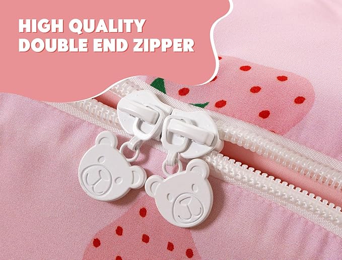 Meeting Story 3pcs Kids Comforter Set Zipper Bedding Set for Girls,Twin Kid Bedding Set Strawberries Bow Tie Comforter Set for Kid,All in one Zipper Bedding（Red,Twin）