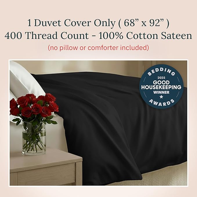 Duvet Cover Twin/Twin XL Size Only - Premium 400 Thread Count, Natural 100% Cotton Duvet Cover, Soft Sateen Weave, Button Closure and Corner Ties - Black