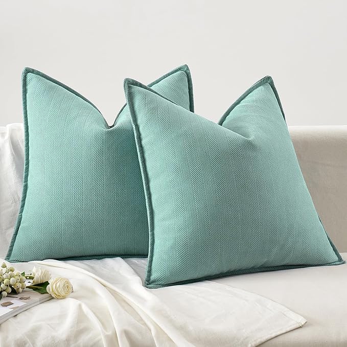 MIULEE Pack of 2 Aqua Green Decorative Pillow Covers 18x18 Inch Soft Chenille Luxurious Couch Throw Pillows Farmhouse Cushion Covers with Elegant Design for Sofa Bedroom Living Room Spring Home Decor