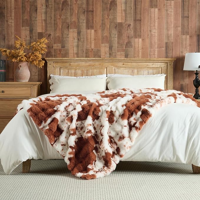 Lotus Karen Faux Fur Throw Blanket Cow Print-Light Brown, Fluffy Fuzzy Plush Bubble Blanket for Couch, 80x60 Inches Cozy Shaggy Rabbit Blanket, Luxury Decorative Gifts for Sofa Bedroom Living Room.