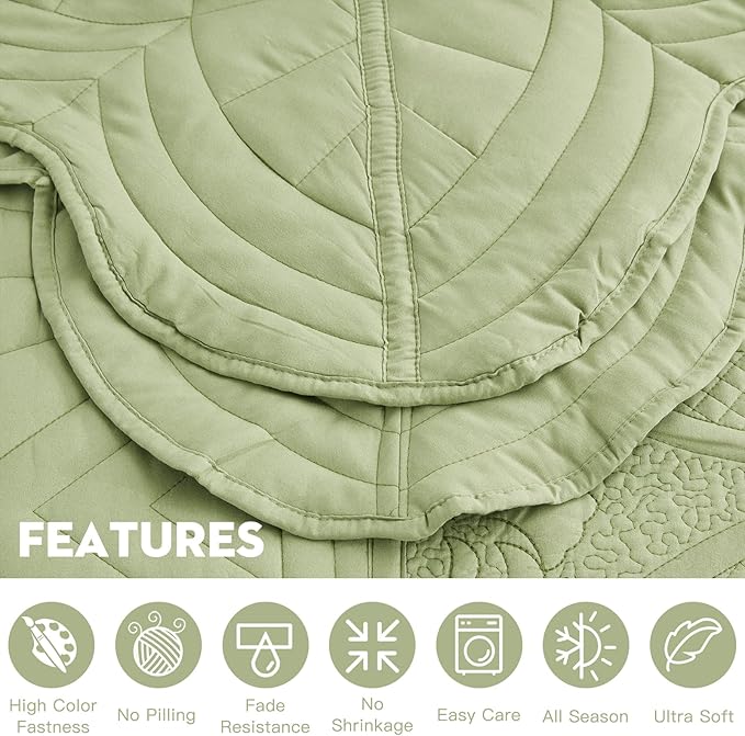 Oversized Bedspread - King Size Bedding Cover - Modern & Contemporary Coverlet Set, Real Stitching, Reversible, Lightweight, 5 Piece, Sage Green