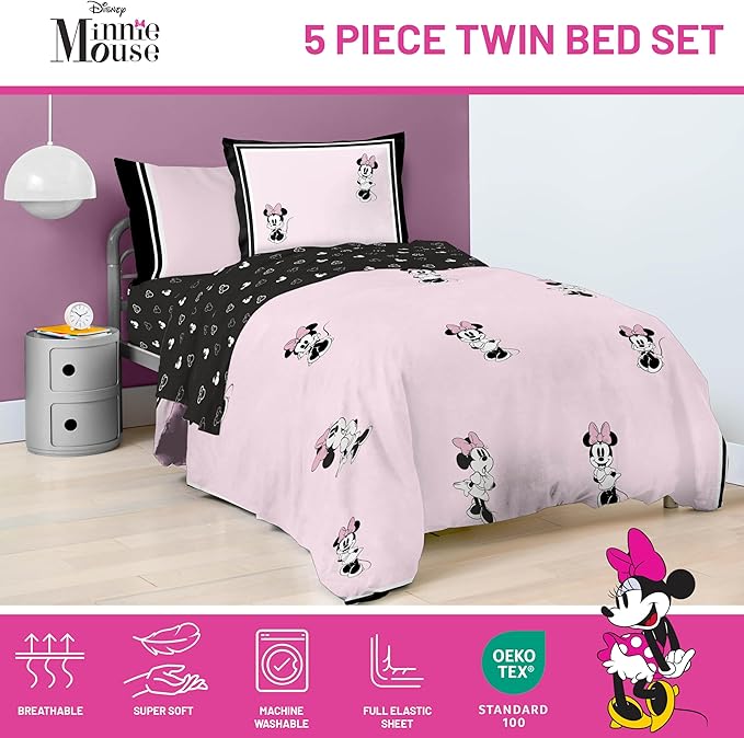 Jay Franco Kids Comforter Set Includes Sheets and Pillow Covers - Soft and Cozy Bed Set for Stylish Room Decor, Official Licensed Bedding, Multi - Minnie Mouse, 5 Piece Twin