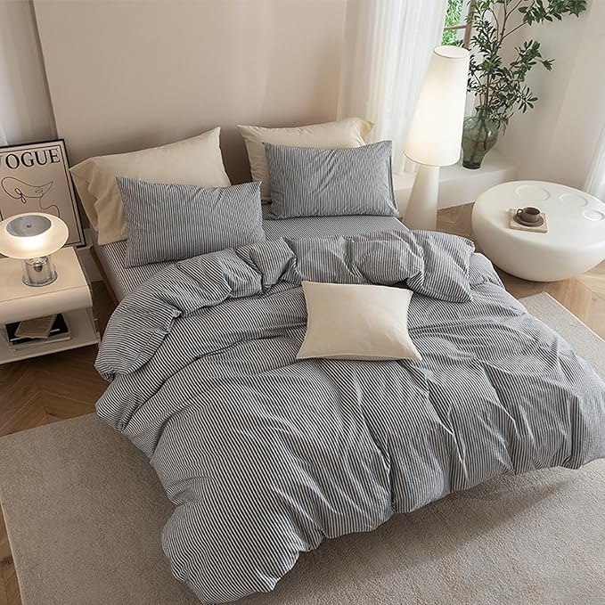 JIYUAN 100% Washed Cotton Striped Duvet Cover Set 3 Pieces King, 1 Duvet Cover and 2 Pillowcases(Comforter Not Included),Linen Like Comfy and Breathable,Pinstripes - Dark Grey White