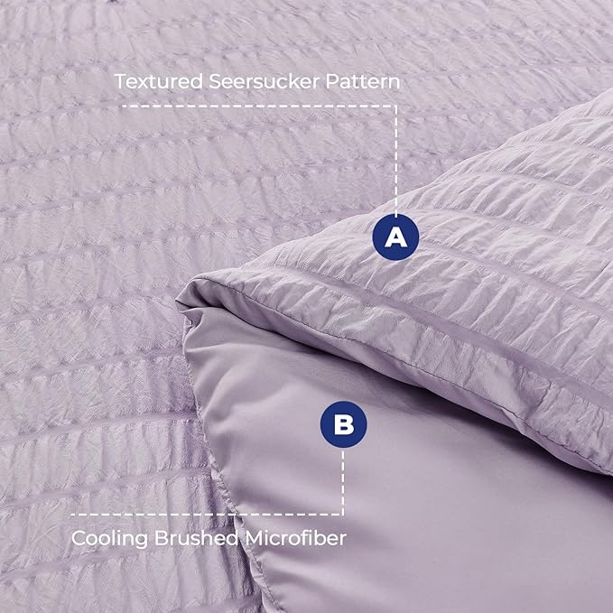 HYMOKEGE Lavender Duvet Cover Queen Size, Ultra Soft 3-Piece Seersucker Duvet Cover Set with Zipper Closure, Soft Brushed Microfiber Bedding Set with 8 Corner Ties (90"x90", 2 Pillowshams)