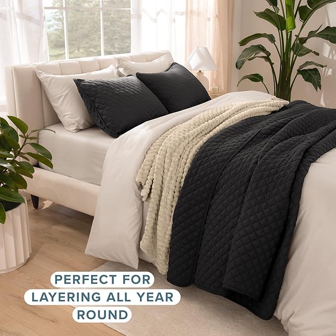Bare Home Coverlet Set - Twin/Twin Extra Long - Lightweight Bed Decor - Comforter Alternative - All-Season Quilted Bedspread (Twin/Twin XL, Black)