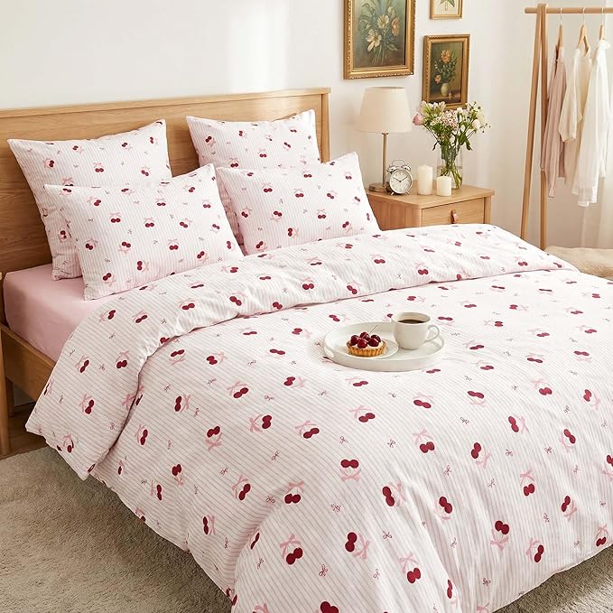 Nayoroom Pink Striped Bow Duvet Cover Queen Size Red Cherry Duvet Cover 3 Pieces Soft Lightweight Microfiber Girls Cute Aesthetic Dorm Bedding Set with Zipper Closure