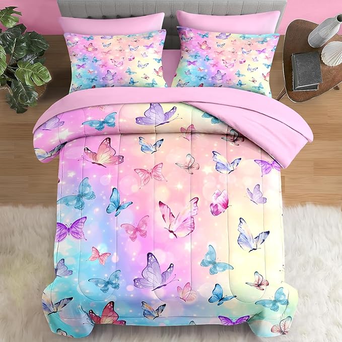 Comforter Set Twin Size, Pink Blue Butterfly 5 Pcs Bedding for Kids and Adults, Purple Colorful Rainbow Bed Sheet Sets with Fitted Sheet Pillowcase & Sham for Bedroom Bed Decor