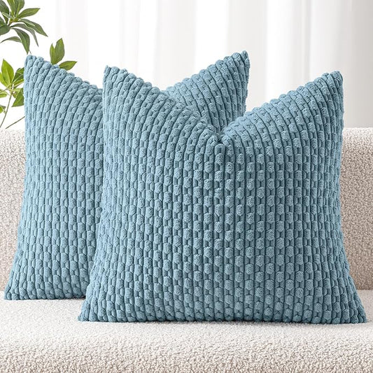 MIULEE Pack of 2 Decorative Throw Pillow Covers 20x20 Inch Soft Boho Striped Textured Corduroy Pillow Covers Modern Farmhouse Home Decor for Couch Bed Sofa Living Room Blue Grey