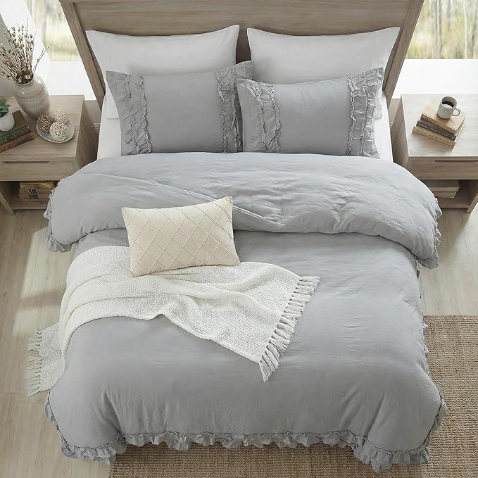 Bedorm Gray Twin Duvet Cover Set Ruffle Bedding Set Pleat Ruffled Shabby Chic Comforter Cover Extra Soft & Easy Care Gray Boho Duvet Cover with Zipper Closure