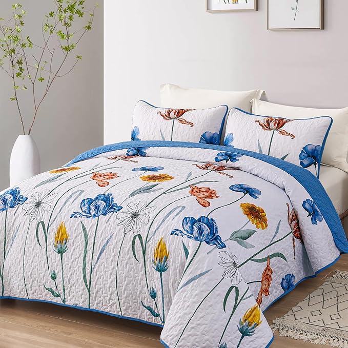 WONGS BEDDING Blue Quilt Set Queen Size,Cute Floral Botanical Bedspread Bedding Set with 2 Pillowcase,Lightweight Farmhouse Coverlet Set for All Season (96"x90")