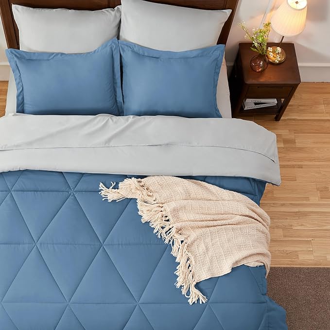 BEDELITE Queen Comforter Set 7 Pieces Bed in A Bag - Soft Microfiber Reversible Blue Bed Set with Comforters, Sheets, Pillowcases & Shams, Cozy Luxury Bedding Sets for All Season