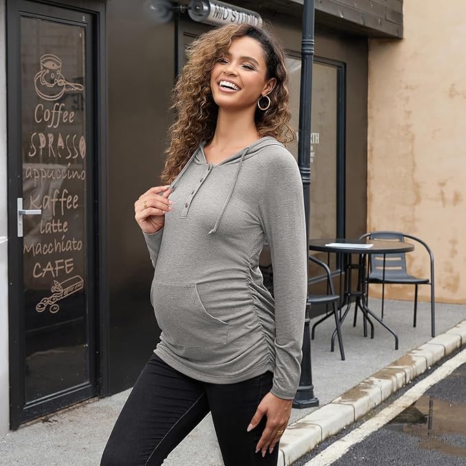 Bhome Maternity Hoodies Button Front Drawstring Hooded Shirt Long Sleeve Pullover Lightweight Sweatshirt with Kangaroo Pocket