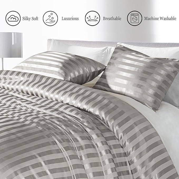 Whale Flotilla 3-Piece Reversible Silky Soft Queen Comforter Set, Luxury Stripe Satin Comforters Full Size Bedding Set with 2 Satin Pillowcases, Lightweight Duvet for All Seasons, Grey