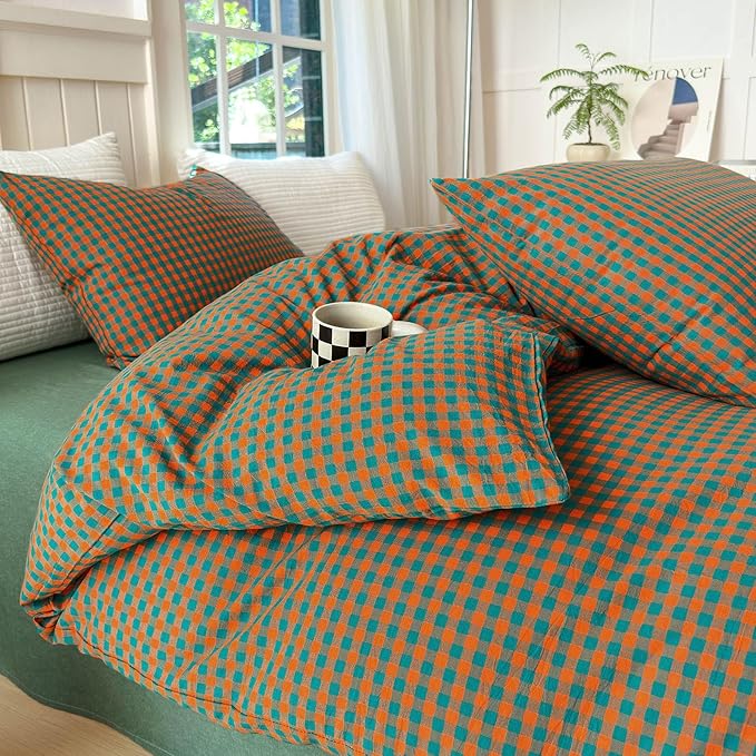 LifeTB Gingham Comforter Set Full Modern Style Orange Green Plaid Grid Comforter Soft Fluffy 3 Pieces Checkered Pattern Comforter Set Farmhouse Gingham Bedding Comforter with 2 Pillowcases